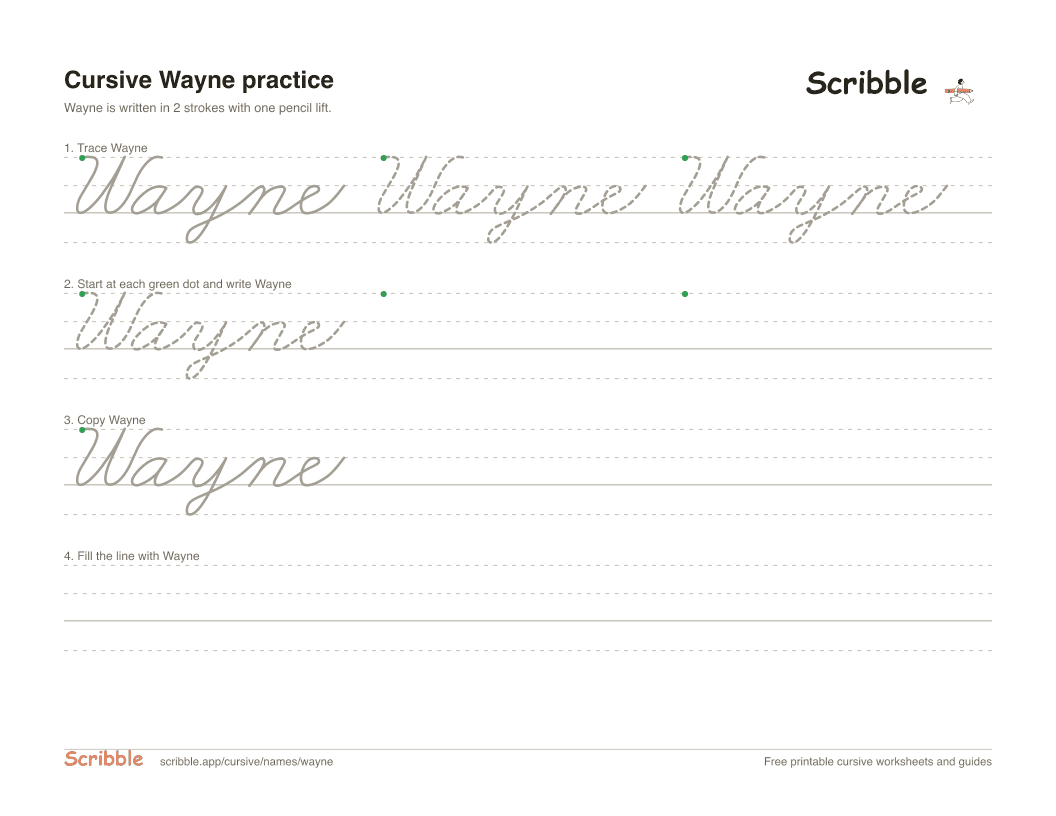Preview of the printable Wayne in cursive worksheet: trace, copy, and practice rows