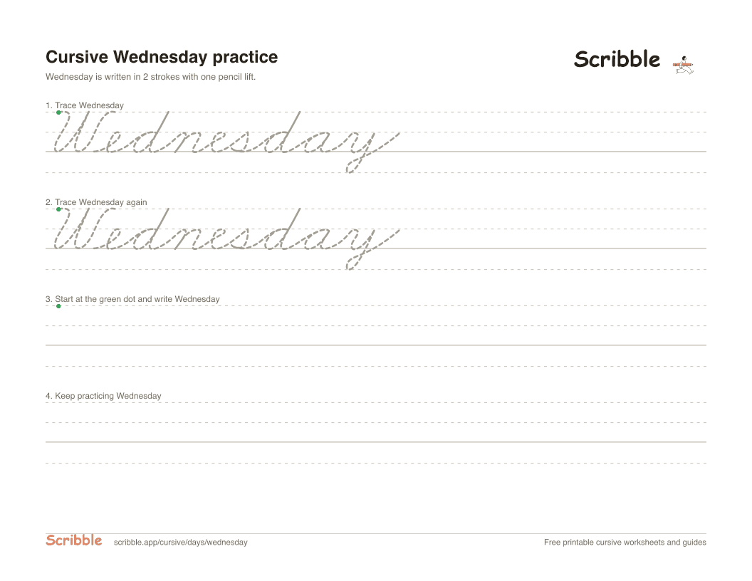 Preview of the printable Wednesday in cursive worksheet: trace, copy, and practice rows