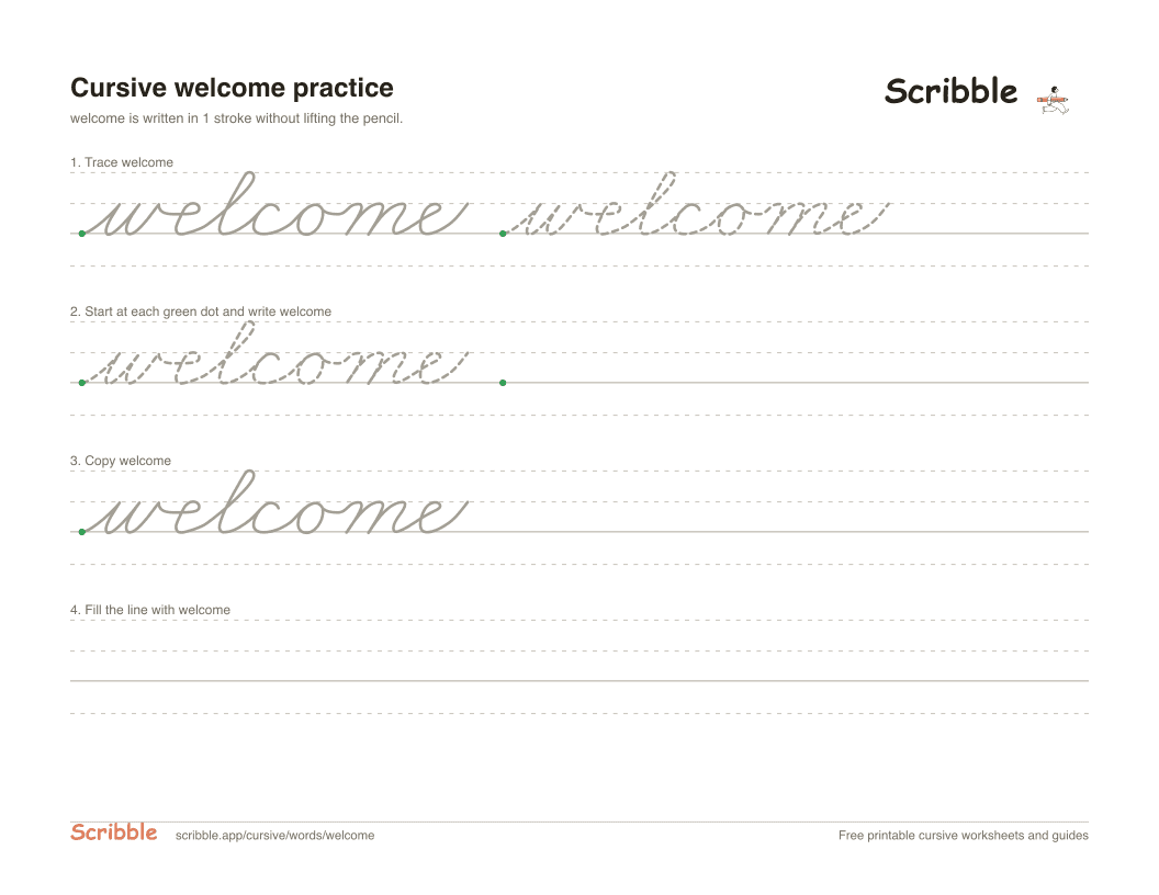 Preview of the printable welcome in cursive worksheet: trace, copy, and practice rows