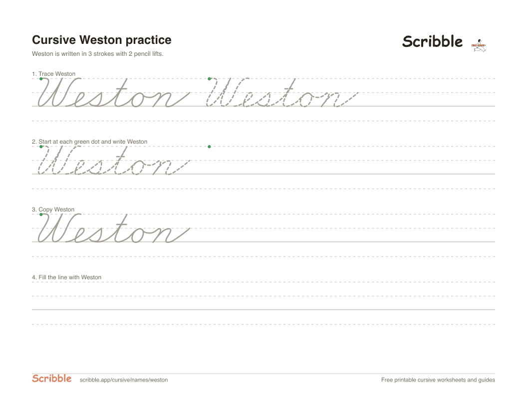 Preview of the printable Weston in cursive worksheet: trace, copy, and practice rows