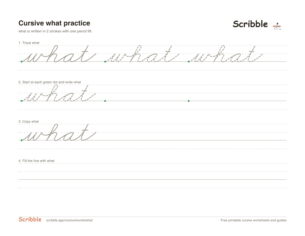 Preview of the printable what in cursive worksheet: trace, copy, and practice rows
