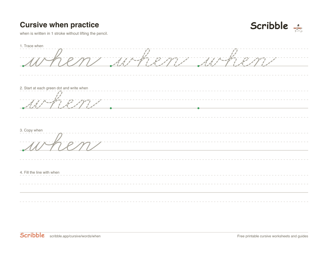 Preview of the printable when in cursive worksheet: trace, copy, and practice rows