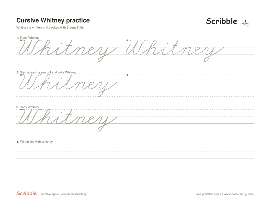 Preview of the printable Whitney in cursive worksheet: trace, copy, and practice rows