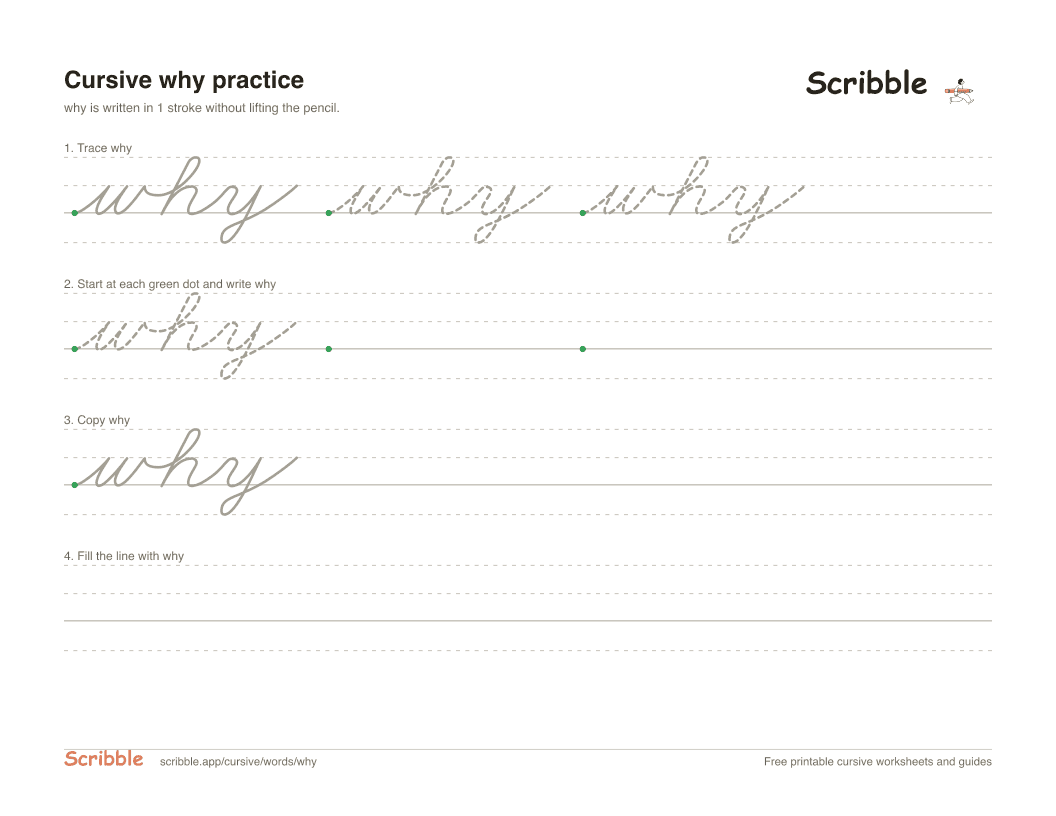 Preview of the printable why in cursive worksheet: trace, copy, and practice rows