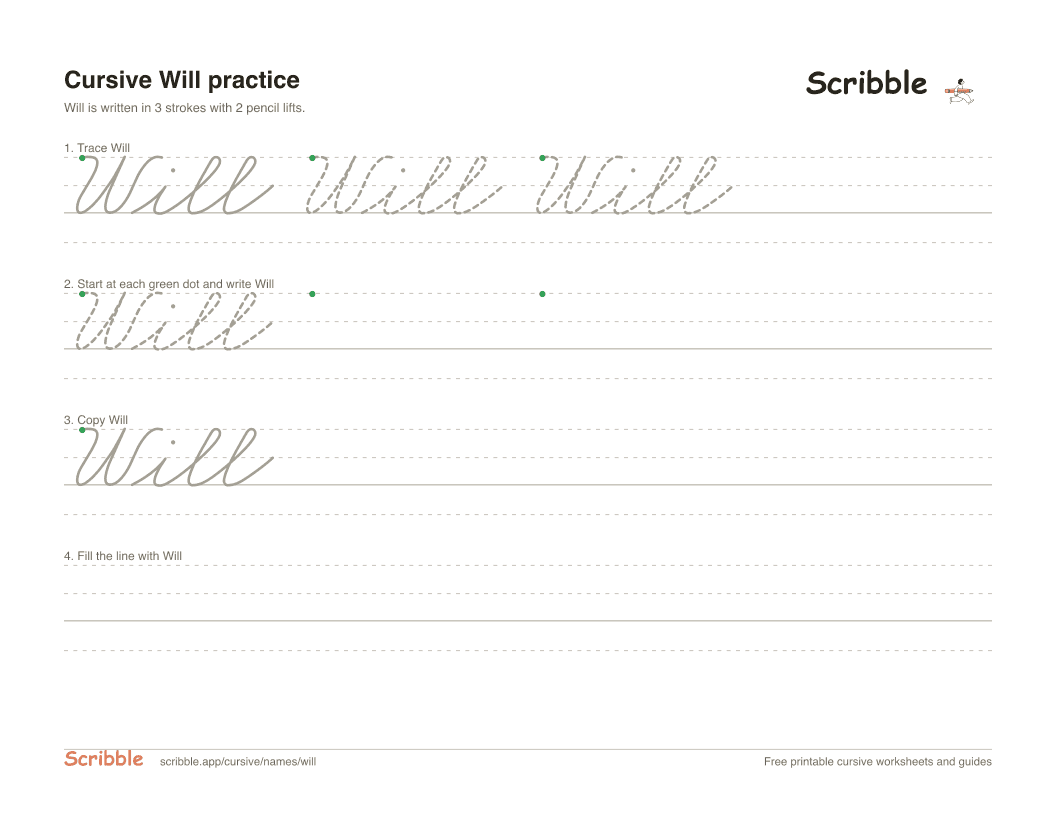 Preview of the printable Will in cursive worksheet: trace, copy, and practice rows