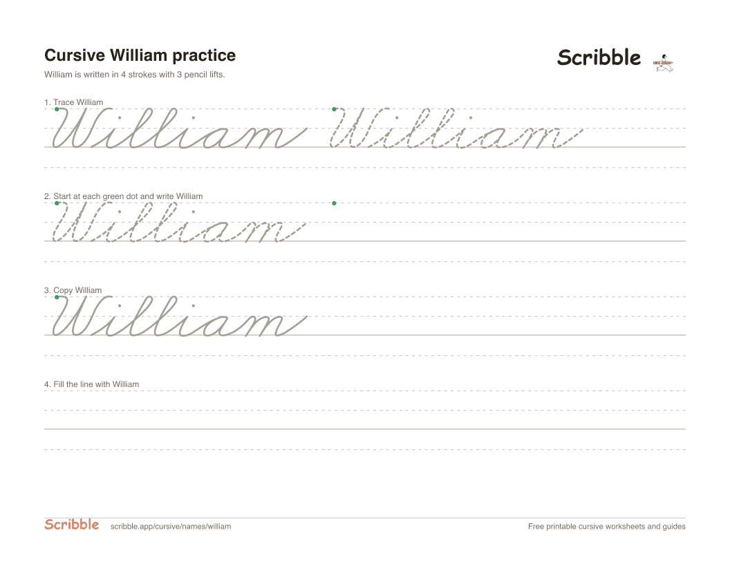 Preview of the printable William in cursive worksheet: trace, copy, and practice rows