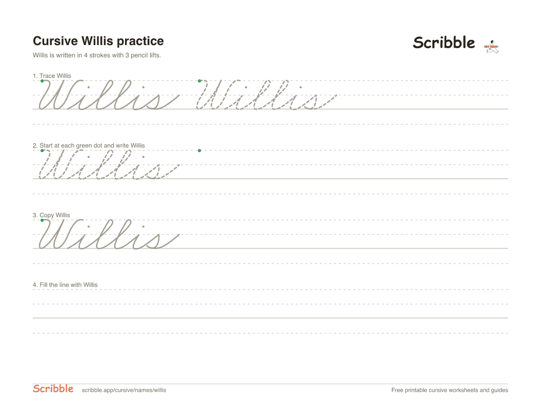 Preview of the printable Willis in cursive worksheet: trace, copy, and practice rows