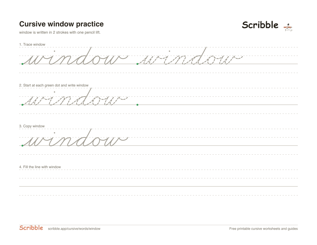 Preview of the printable window in cursive worksheet: trace, copy, and practice rows
