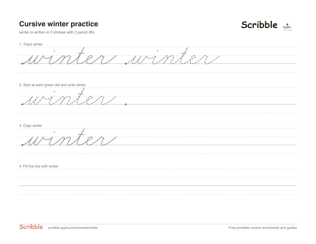 Preview of the printable winter in cursive worksheet: trace, copy, and practice rows
