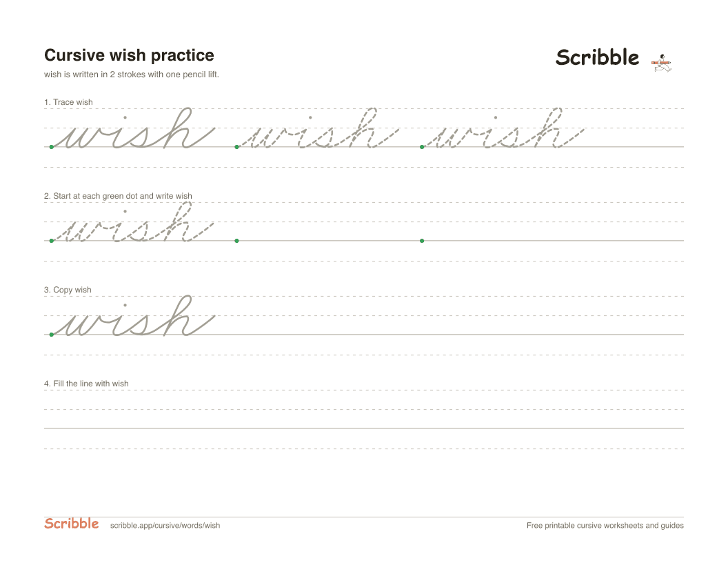 Preview of the printable wish in cursive worksheet: trace, copy, and practice rows