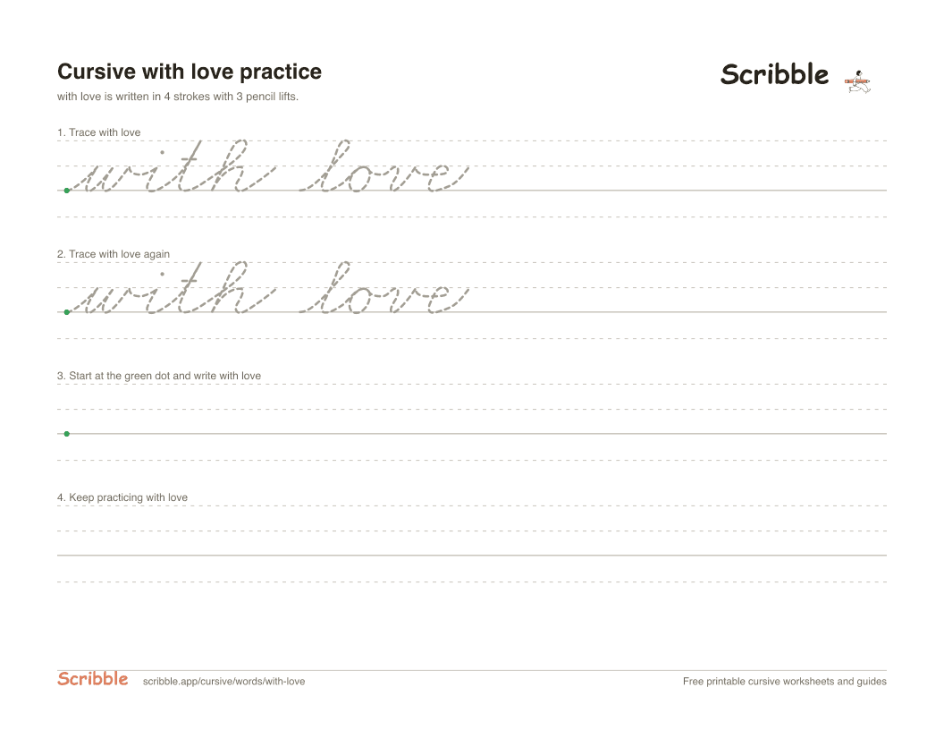 Preview of the printable with love in cursive worksheet: trace, copy, and practice rows