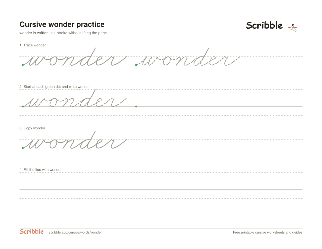 Preview of the printable wonder in cursive worksheet: trace, copy, and practice rows