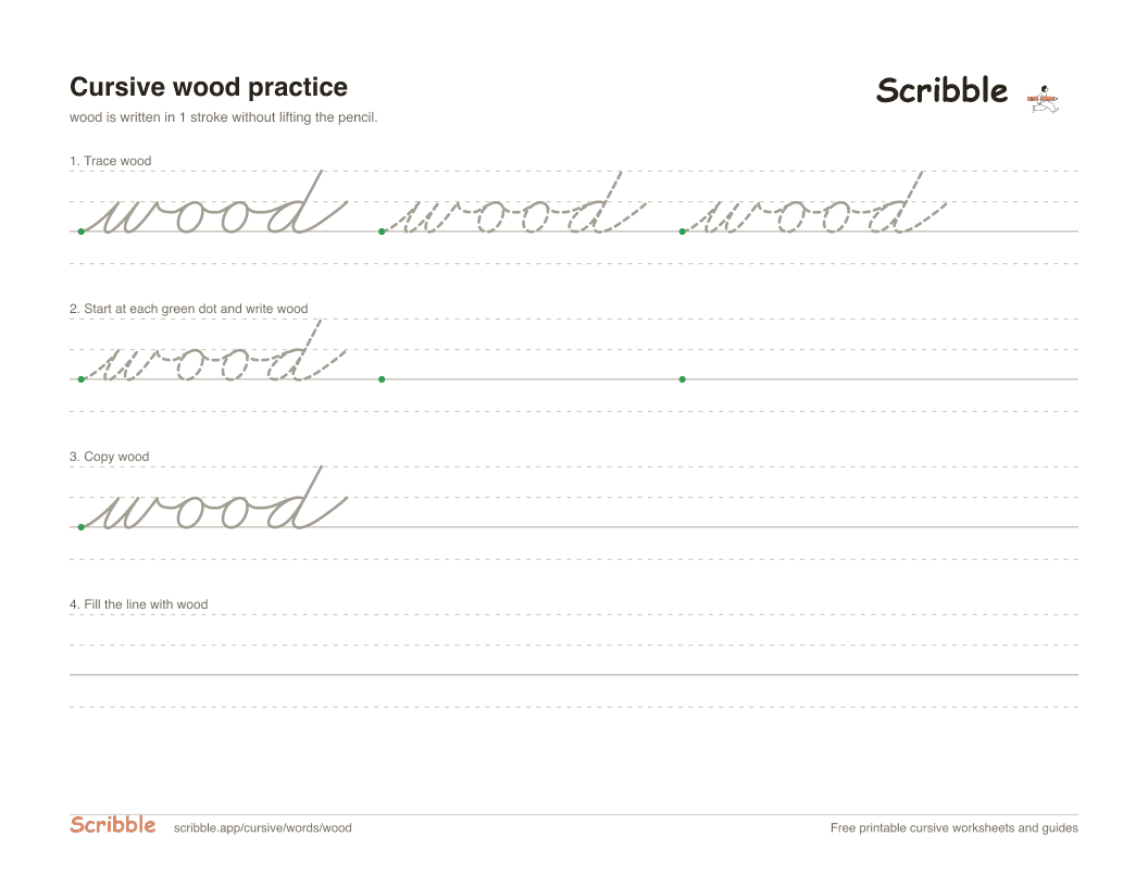 Preview of the printable wood in cursive worksheet: trace, copy, and practice rows