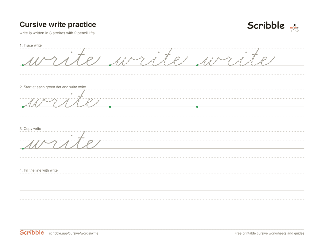 Preview of the printable write in cursive worksheet: trace, copy, and practice rows