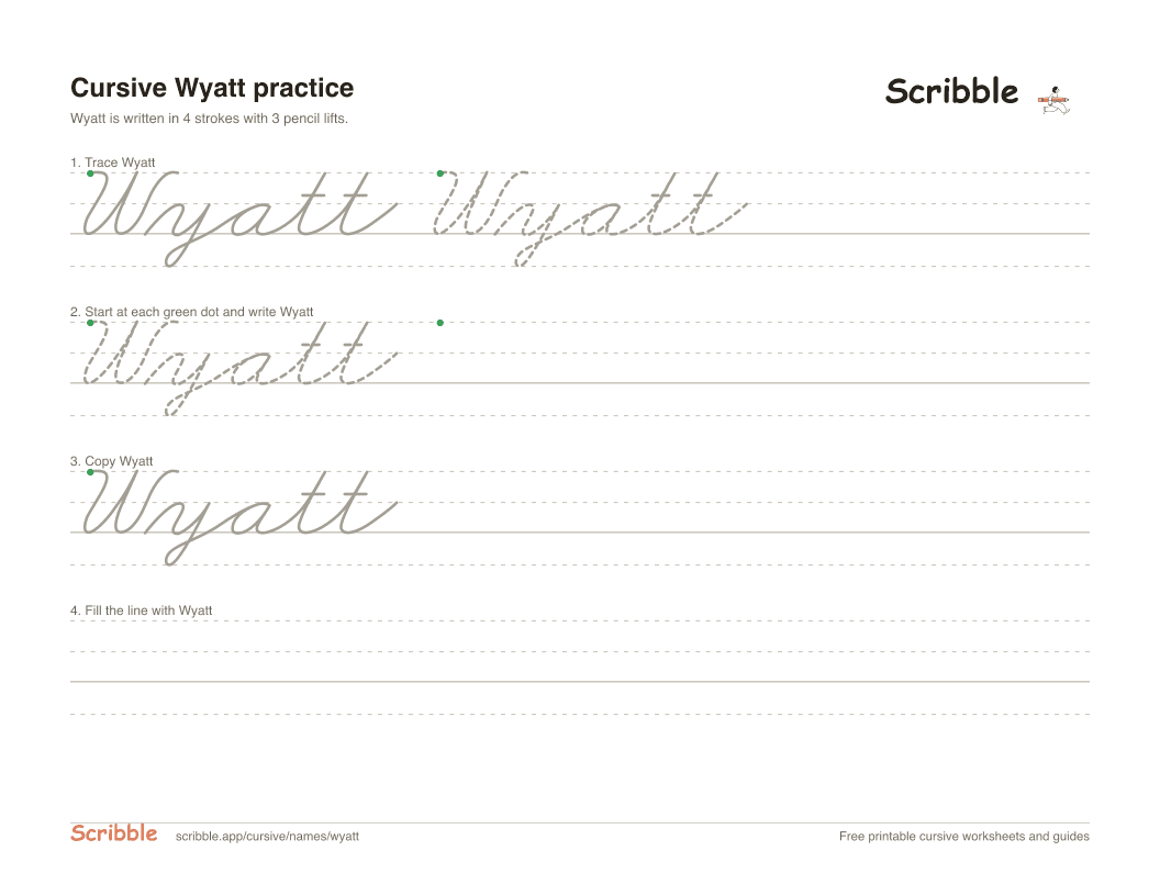 Preview of the printable Wyatt in cursive worksheet: trace, copy, and practice rows