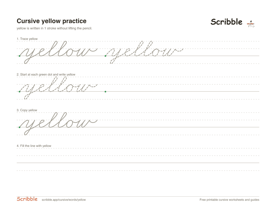 Preview of the printable yellow in cursive worksheet: trace, copy, and practice rows