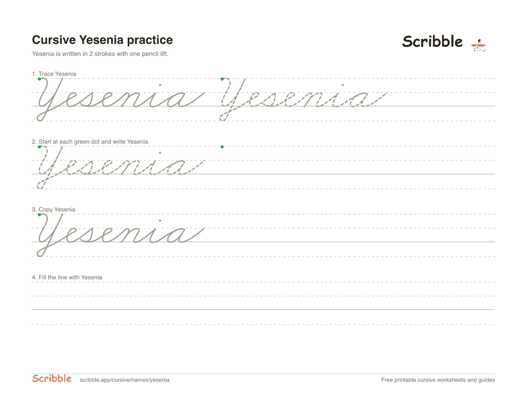 Preview of the printable Yesenia in cursive worksheet: trace, copy, and practice rows