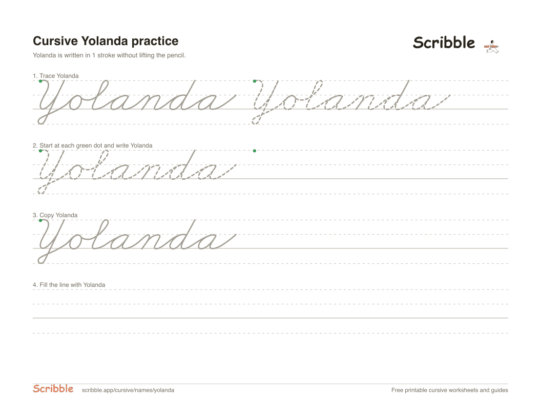 Preview of the printable Yolanda in cursive worksheet: trace, copy, and practice rows
