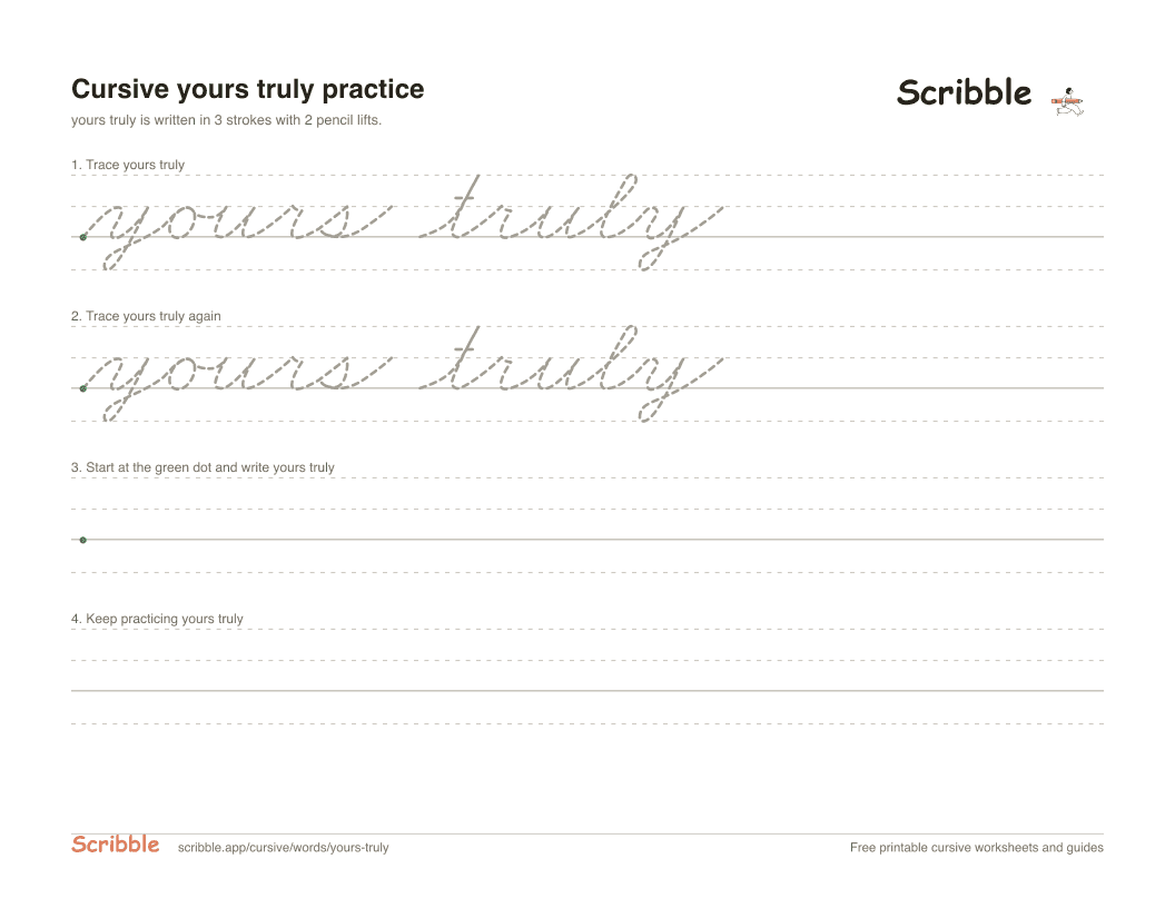 Preview of the printable yours truly in cursive worksheet: trace, copy, and practice rows