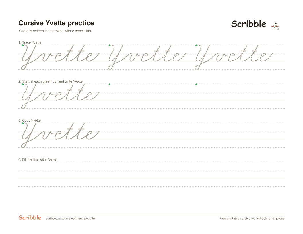 Preview of the printable Yvette in cursive worksheet: trace, copy, and practice rows