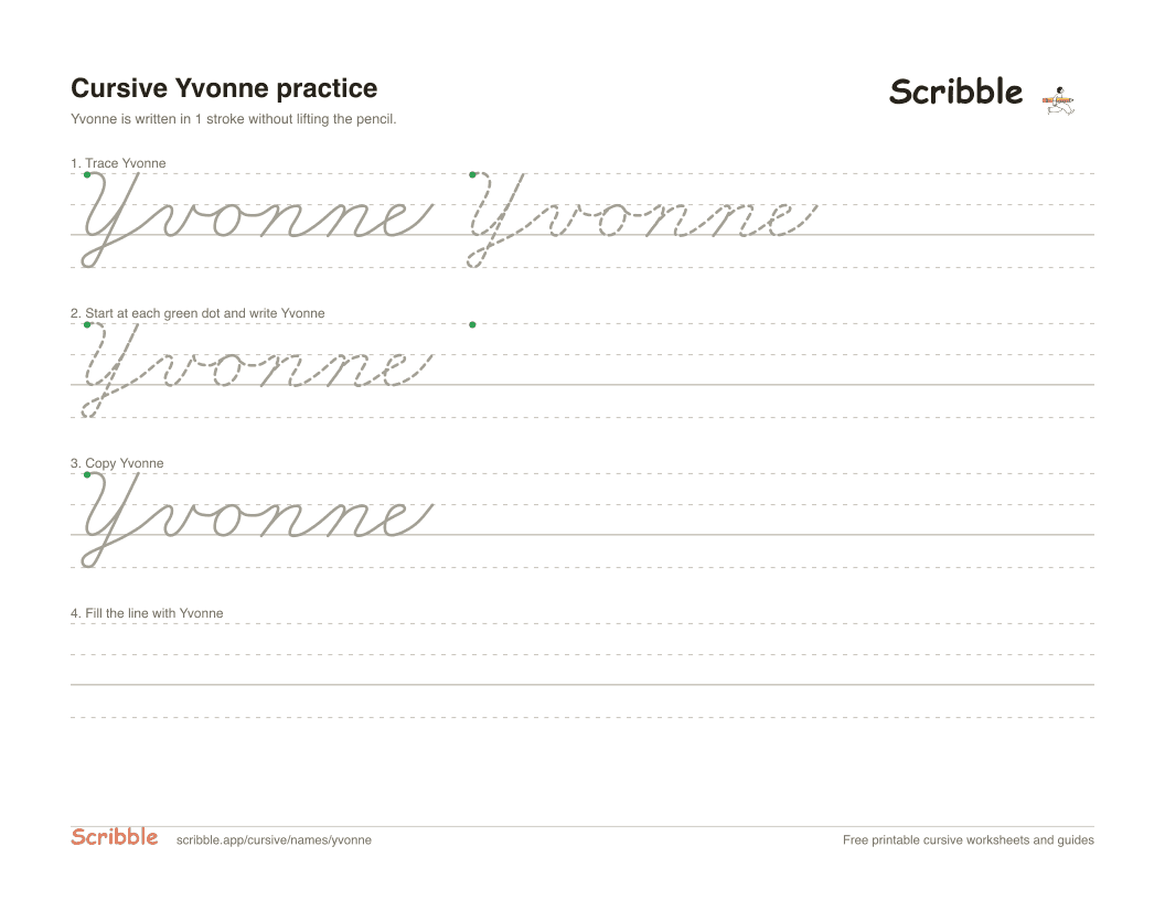 Preview of the printable Yvonne in cursive worksheet: trace, copy, and practice rows