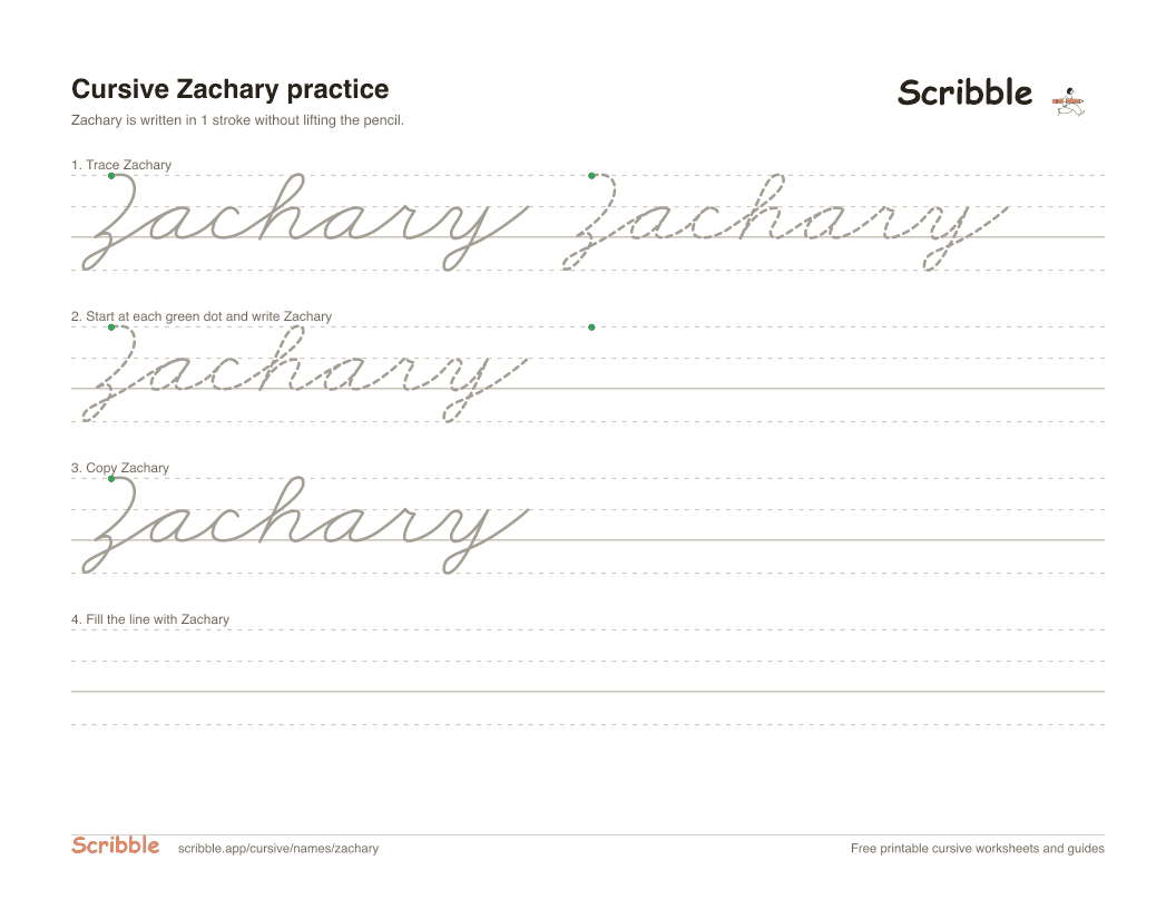 Preview of the printable Zachary in cursive worksheet: trace, copy, and practice rows