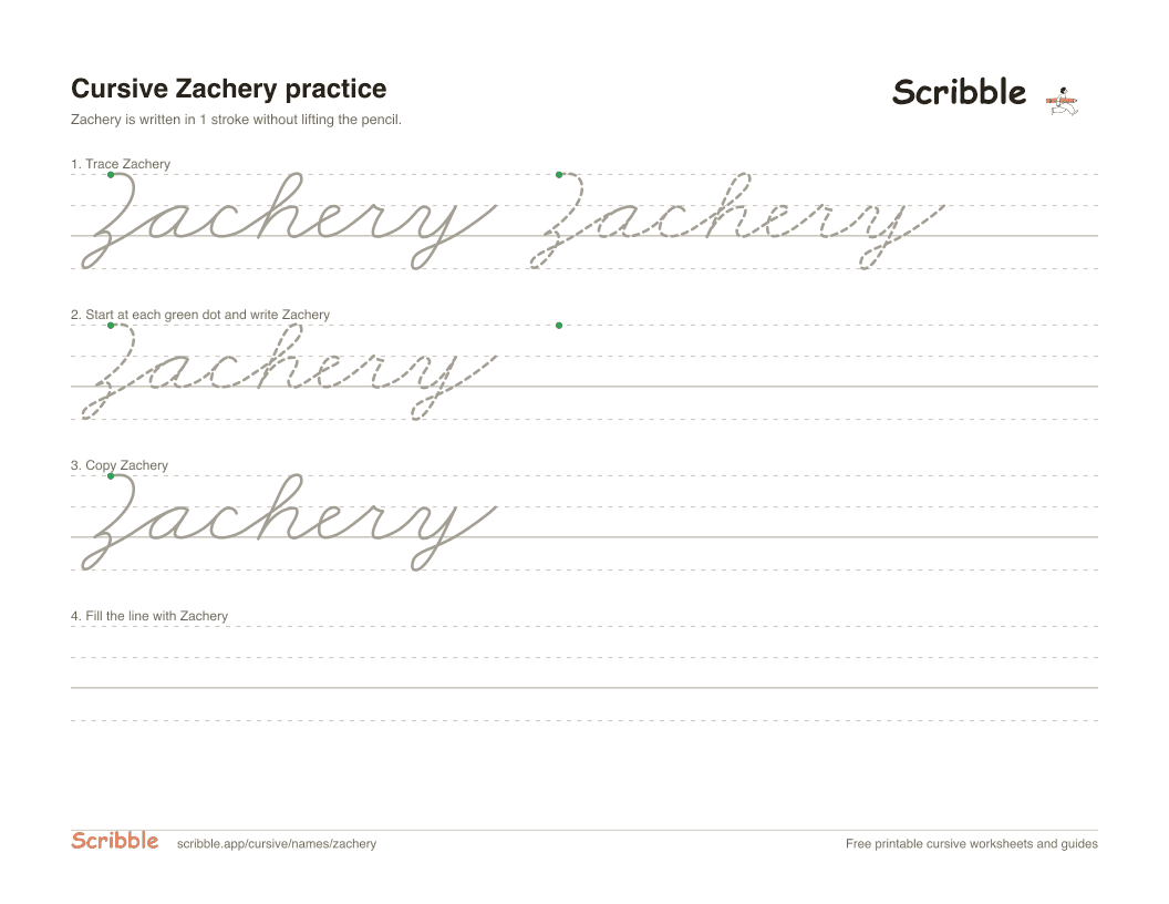 Preview of the printable Zachery in cursive worksheet: trace, copy, and practice rows