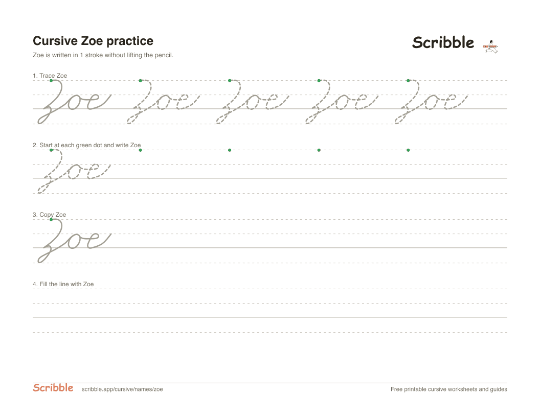 Preview of the printable Zoe in cursive worksheet: trace, copy, and practice rows