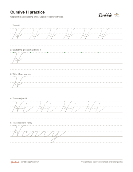 Preview of the printable cursive capital H worksheet