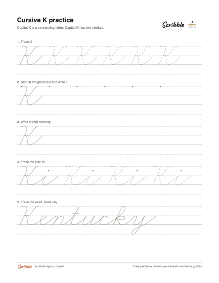Preview of the printable cursive capital K worksheet