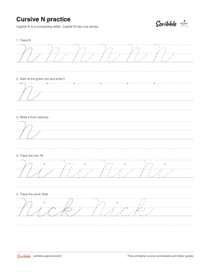 Preview of the printable cursive capital N worksheet