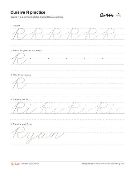 Preview of the printable cursive capital R worksheet