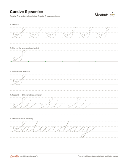 Preview of the printable cursive capital S worksheet