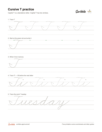Preview of the printable cursive capital T worksheet