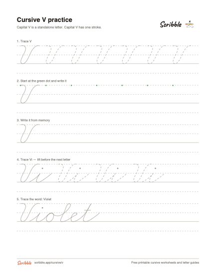Preview of the printable cursive capital V worksheet