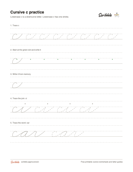 Preview of the printable cursive lowercase c worksheet