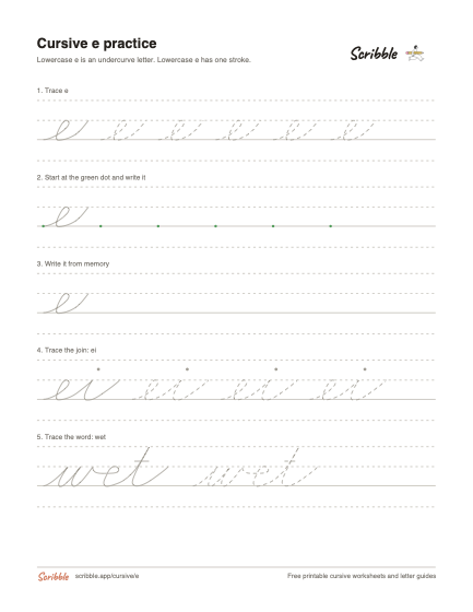 Preview of the printable cursive lowercase e worksheet