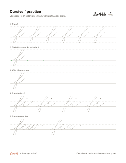 Preview of the printable cursive lowercase f worksheet