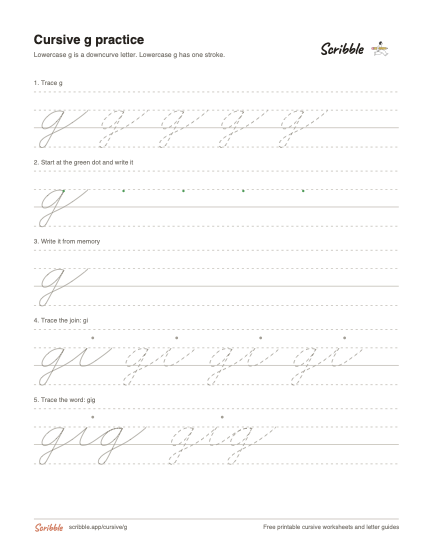 Preview of the printable cursive lowercase g worksheet
