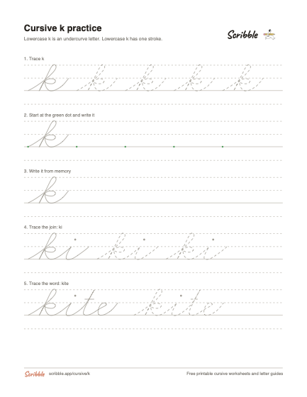 Preview of the printable cursive lowercase k worksheet