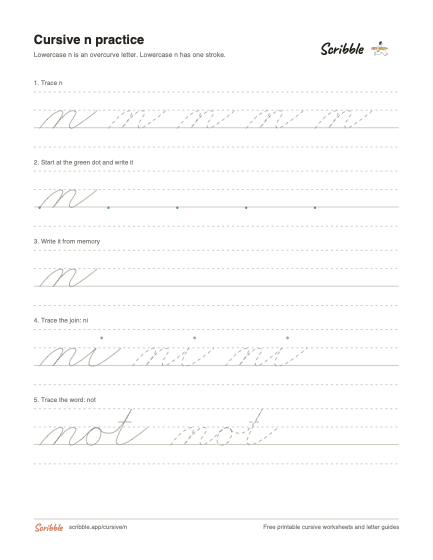 Preview of the printable cursive lowercase n worksheet