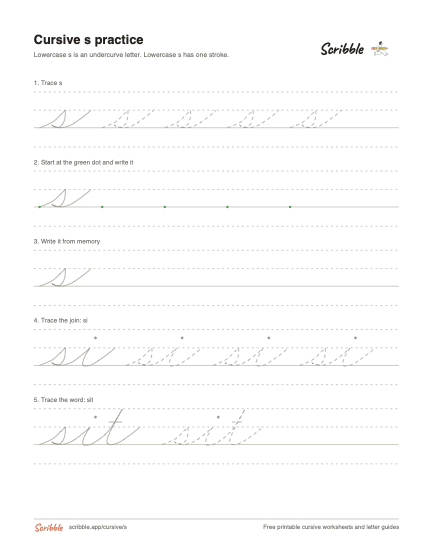 Preview of the printable cursive lowercase s worksheet