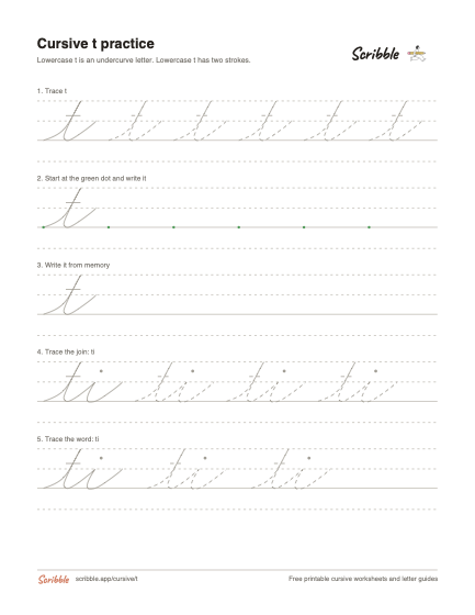 Preview of the printable cursive lowercase t worksheet
