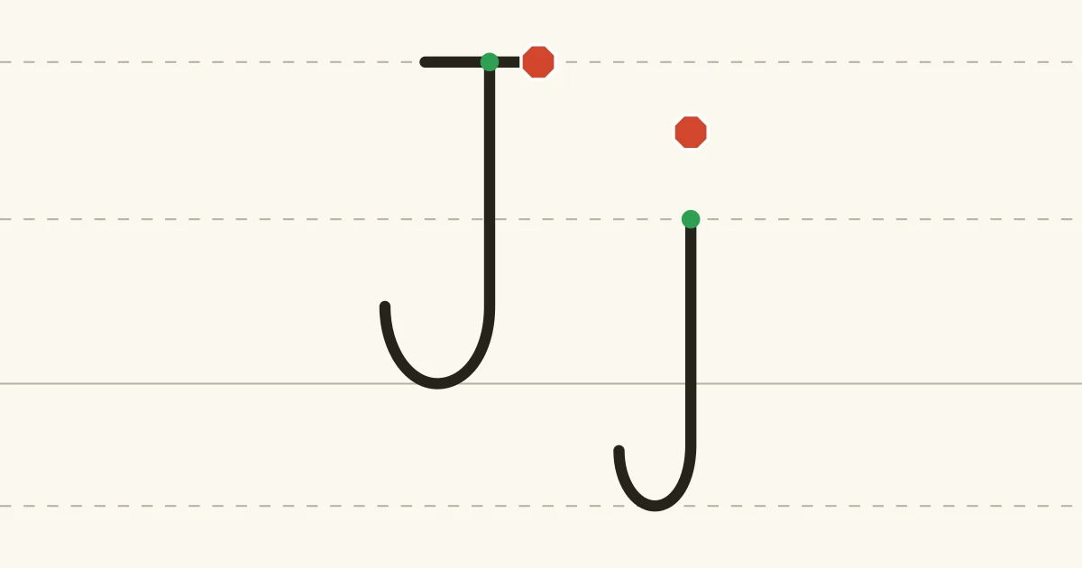 Capital J and lowercase j with green starting dots and red stopping marks on writing lines