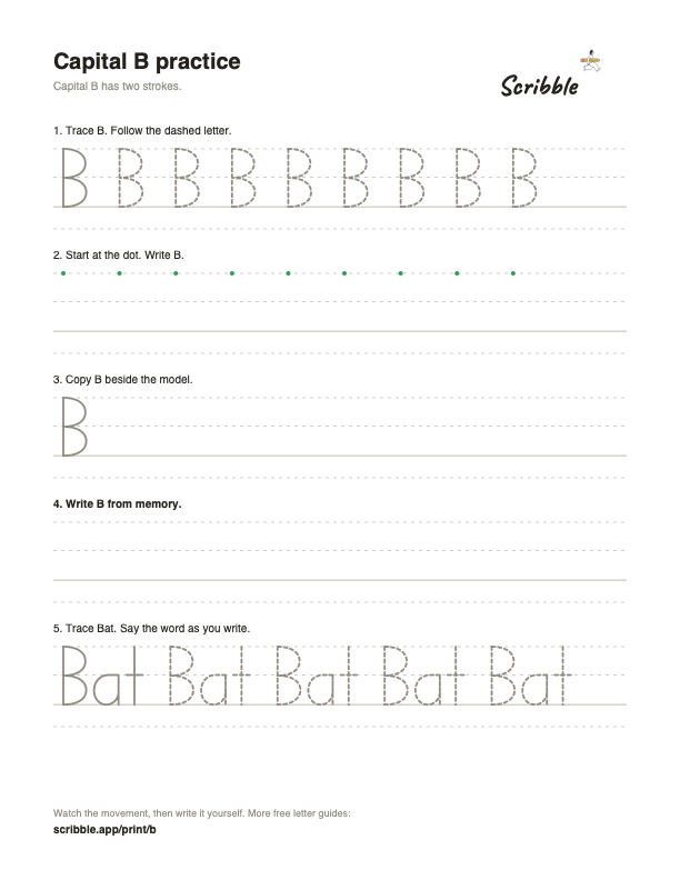 Preview of the free capital B tracing worksheet