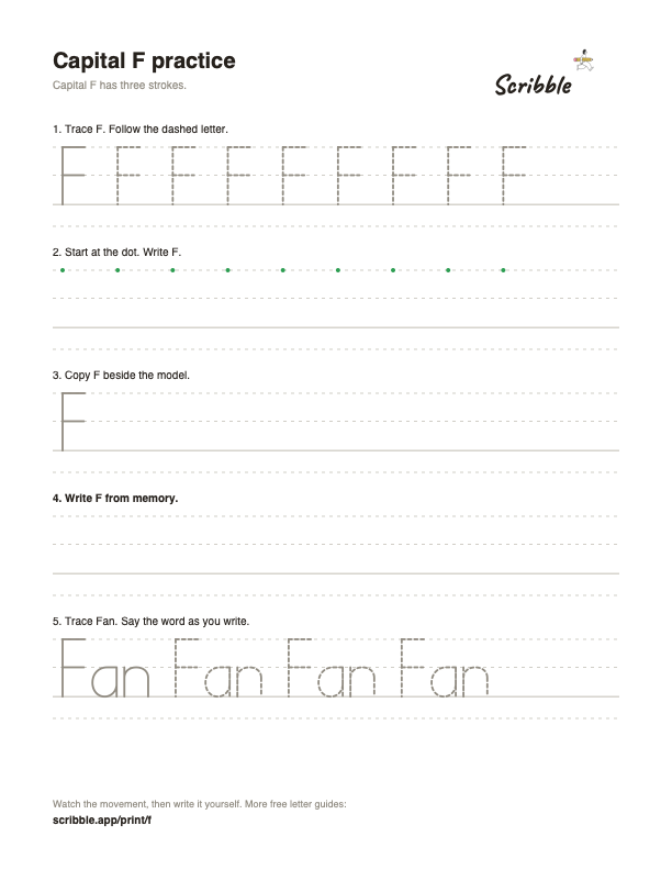 Preview of the free capital F tracing worksheet