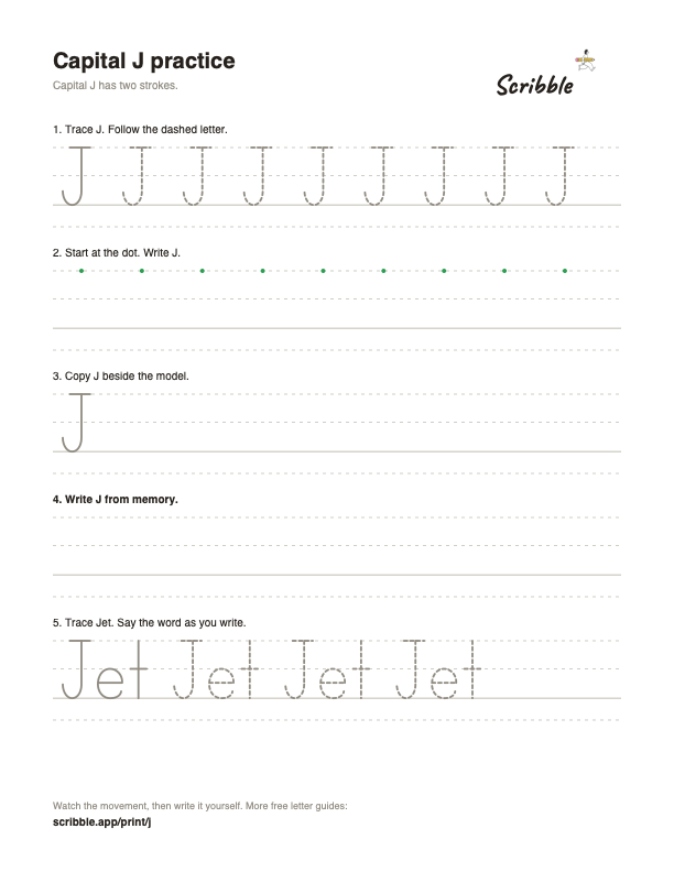 Preview of the free capital J tracing worksheet