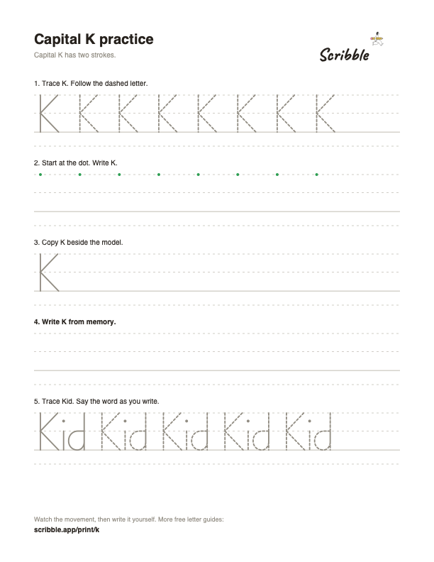 Preview of the free capital K tracing worksheet