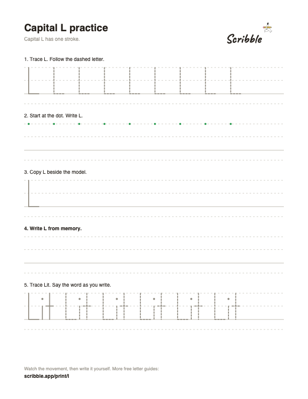 Preview of the free capital L tracing worksheet
