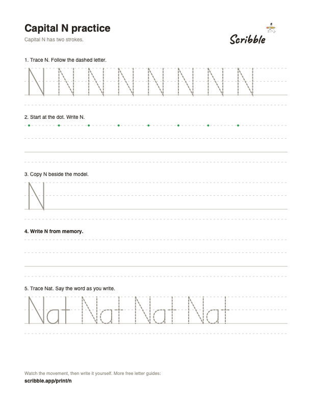 Preview of the free capital N tracing worksheet